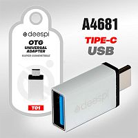 переходник otg (usb-type-c) deespi t01 серебряный  фото
